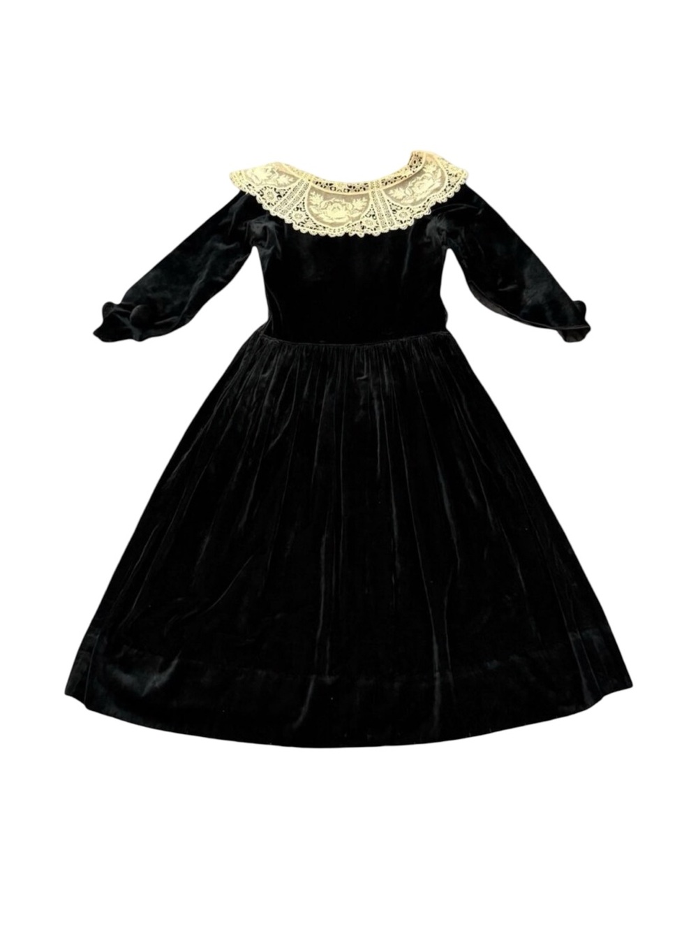 Vintage Women’s Black Velvet Lace Collar Dress 1950s 1960s Gothic Formal